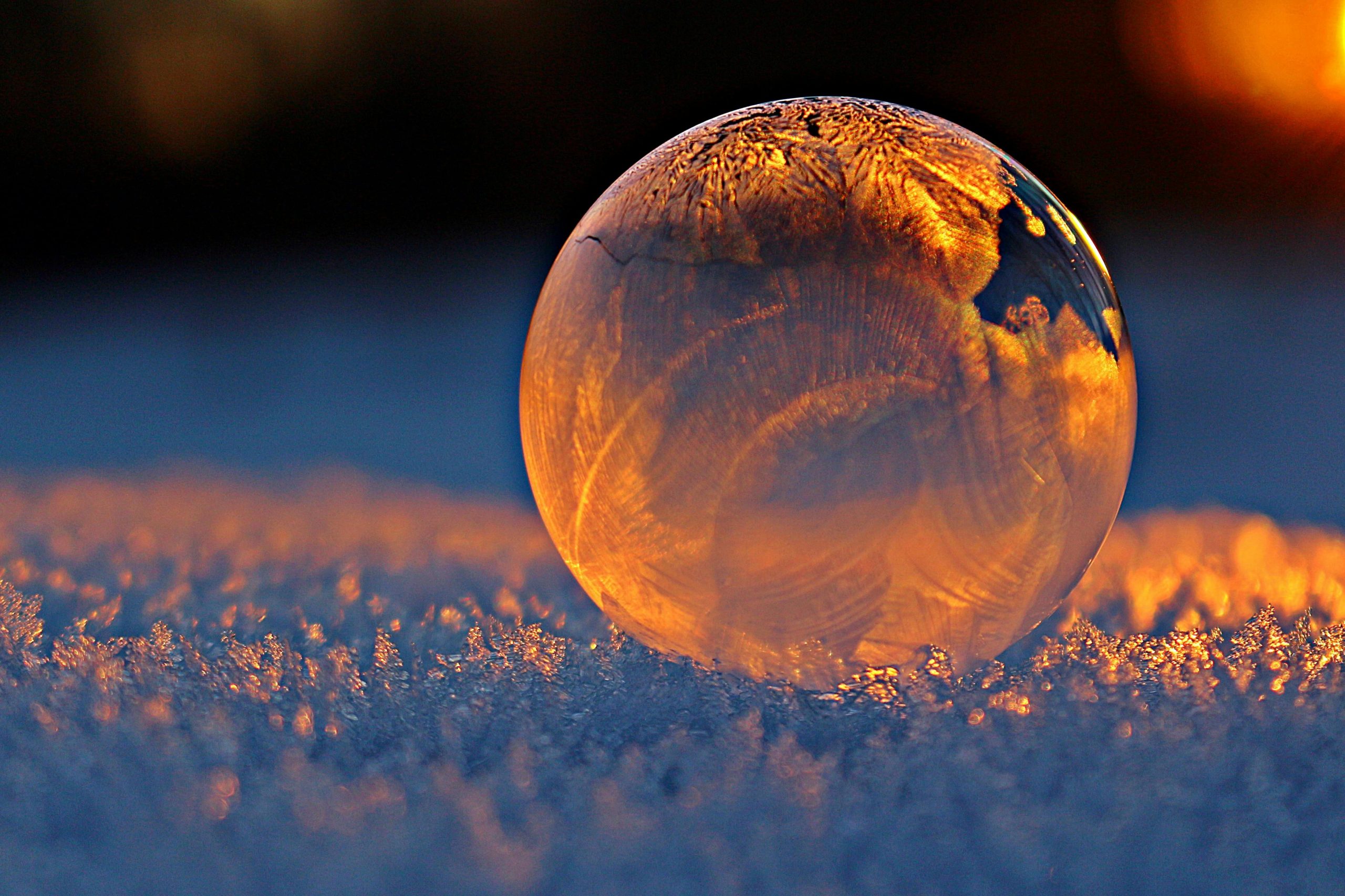 Home Close-up shot of a frozen bubble with warm reflections resting on a snowy surface at twilight.